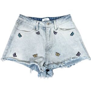 Forever 21 High Waisted Distressed Raw Hem Butterfly Denim Shorts Size 24